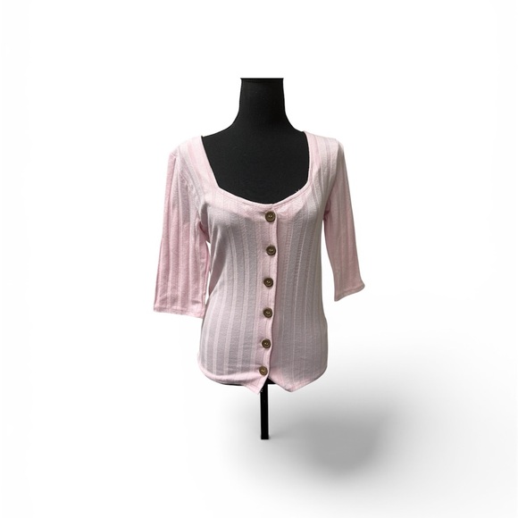 Free People Tops - Free People Pink Ribbed Button Top L Boho Fitted Stretch Casual Chic